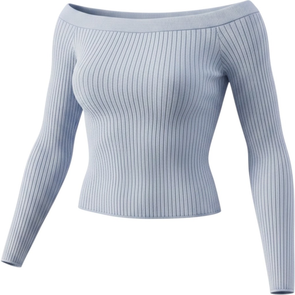Aerie Off Shoulder Womens Light Blue Ribbed Slim Coquette Softgirl Sweater Large